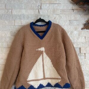 Vintage Nautical Tan and Blue Knit Sweater | Youth 6/6x